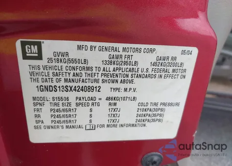 2004 Chevrolet Trailblazer Lt from USA, damaged, VIN 1GNDS13SX42408912